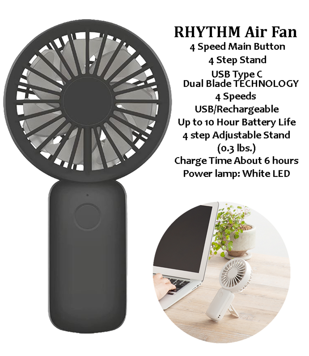 Air Dark Gray – USB Portable Personal Fan – 9ZF03RH08 | Rhythm